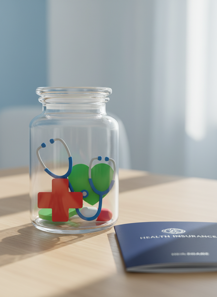 A clear glass jar filled with assorted health-related icons made from flat, matte acrylic: a red medical cross, a green heart, a blue stethoscope, and a pill capsule, each sharply defined and neatly arranged. The jar stands on a light oak table beside a closed health insurance booklet in refined navy with silver lettering. Cool, diffused window light illuminates the scene from the right, casting precise yet gentle shadows and a clean, clinical feeling. Photographic realism, composed using central framing, with a softly blurred background suggesting a bright, hygienic consultation room in soft whites and pale blues.