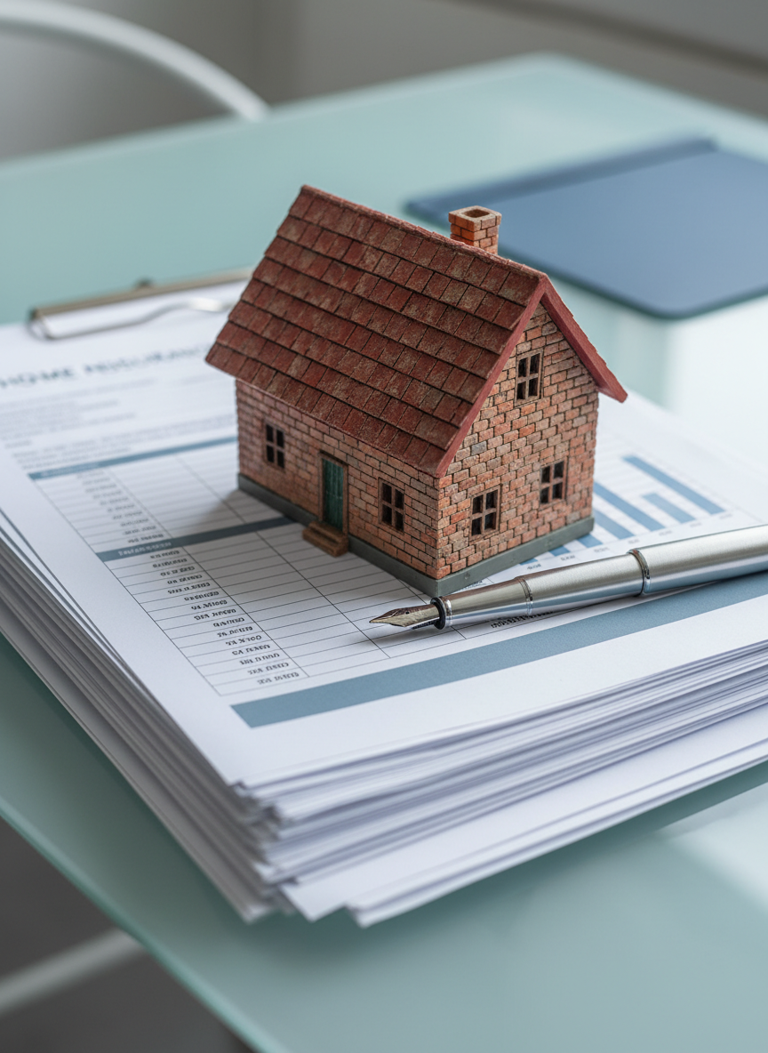 A detailed close-up of a small, realistic house figurine with a textured roof and brick-like walls, carefully placed on top of a stack of neatly organized home insurance documents and a sleek silver pen. The papers show subtle, unreadable text columns and graphs in muted blue and gray. Natural, diffused daylight from above creates soft reflections on the pen and faint shadows under the house, suggesting clarity and trust. Photographic realism, captured from a slightly elevated angle using the rule of thirds, with the background gently blurred to hint at a tidy, modern workspace in cool, professional tones.