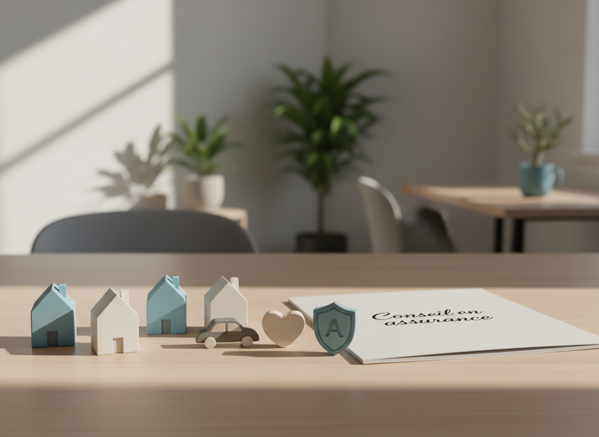 A neat arrangement of four small model houses, a miniature car, a heart-shaped health icon, and a shield symbol for life insurance, all crafted from smooth matte materials in soft blues, whites, and warm grays. They rest on a clean light-wood desk beside an open folder labeled “Conseil en assurance” in elegant typography. Soft daylight from an unseen window washes in from the left, creating gentle shadows and a calm, professional mood. Photographic realism, shot at eye level with a shallow depth of field so the icons are crisp while the background fades into a subtle bokeh of a modern, minimalist office environment.