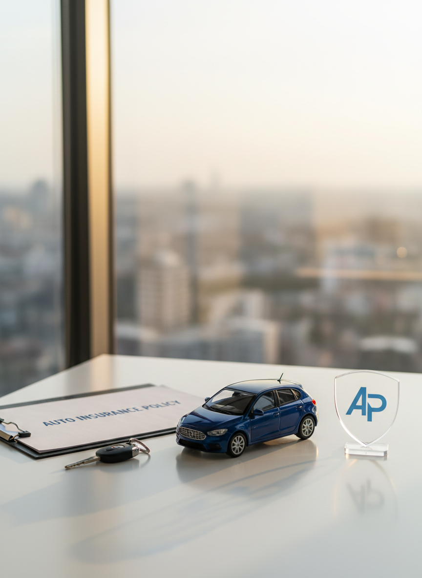 A compact, high-quality model car in metallic navy blue, positioned precisely on a clean, white desk next to an auto insurance policy folder, a set of car keys, and a small, transparent acrylic shield icon symbolizing protection. The setting is a modern office with hints of a blurred cityscape visible through a large window in the background. Soft afternoon light filters in, giving a gentle glow to the car’s curves and subtle reflections on the acrylic shield. Photographic realism, shot at a three-quarter angle with a moderate depth of field, creating a serious yet reassuring, professional atmosphere.