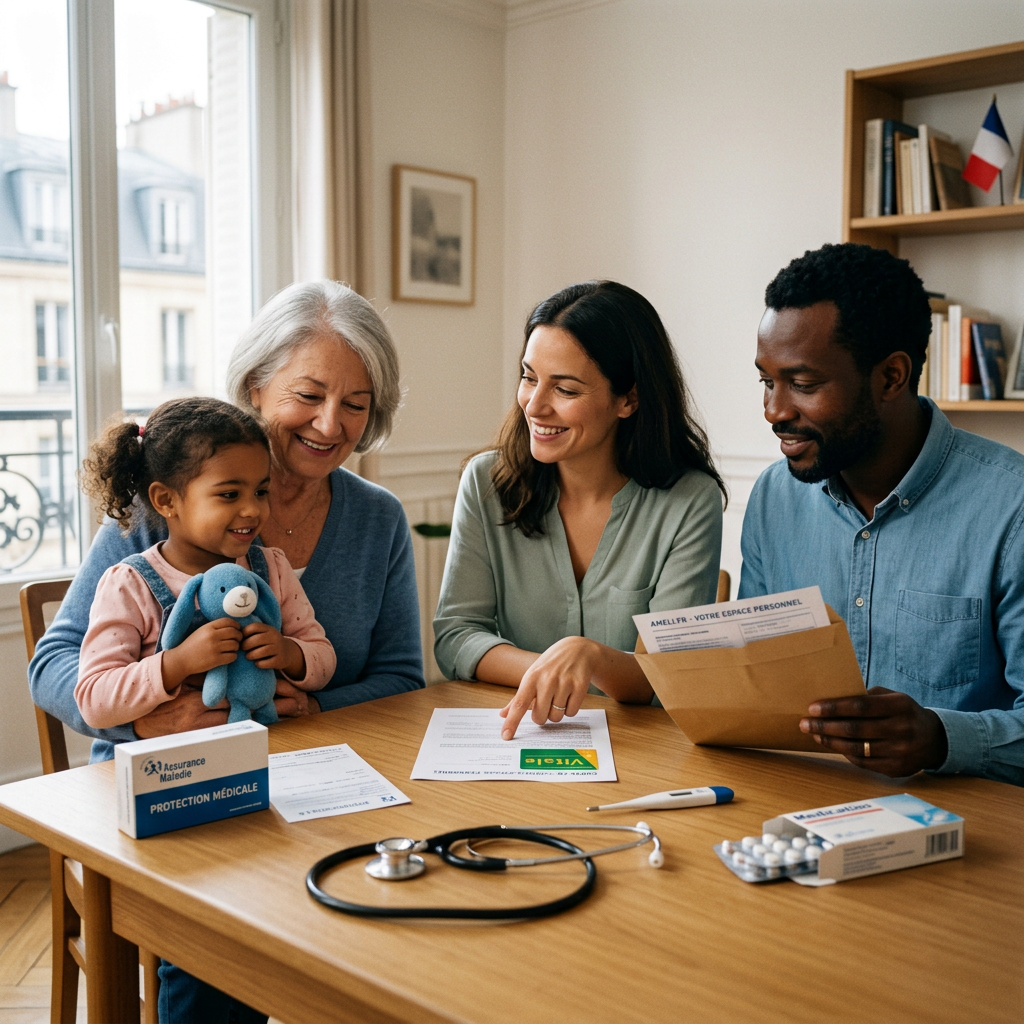 Family of four sitting at a table with medical papers and health care items